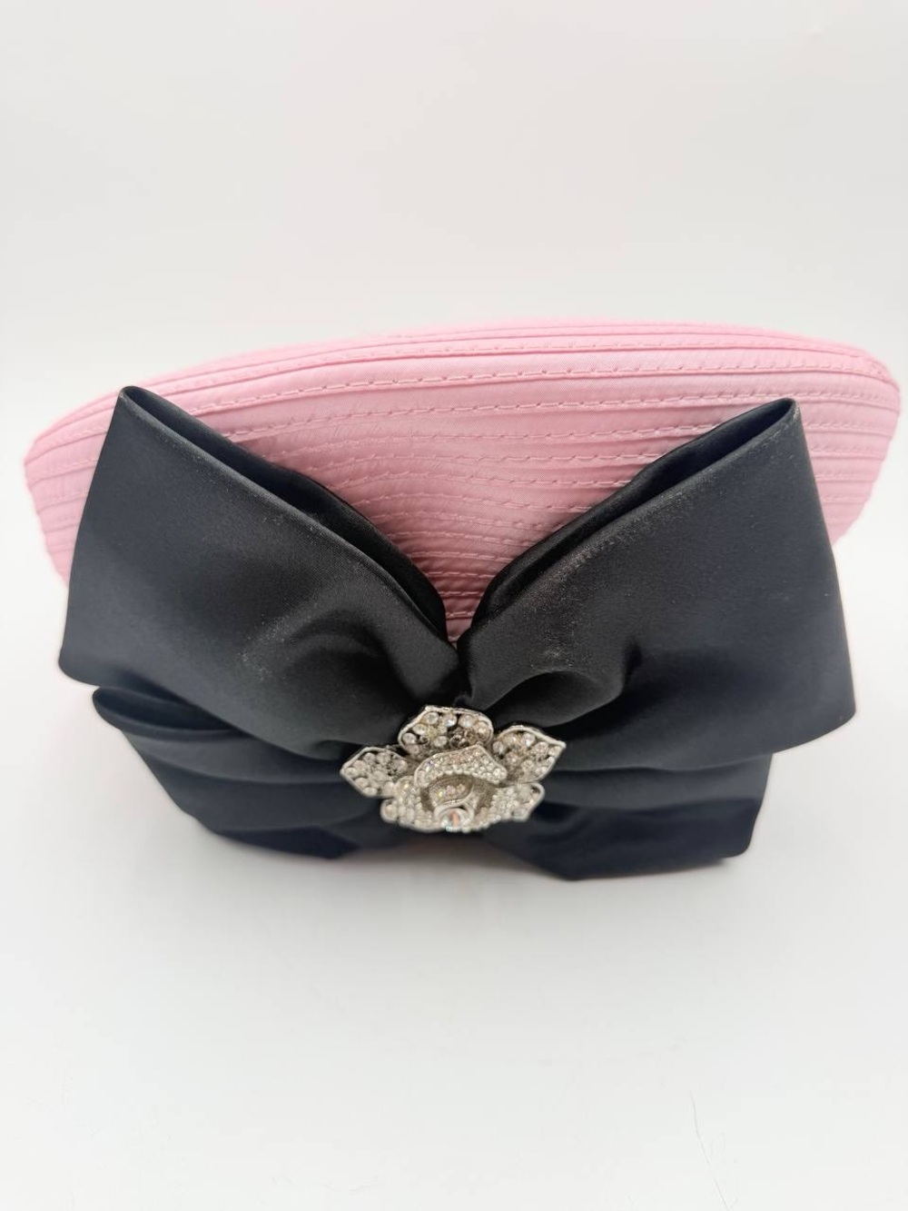 Women’s Black Pink Formal Church Hat Rhinestone Bow Dress Occasion 22.5-23”